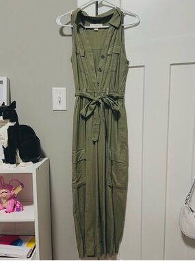 Monteau Olive Green Sleeveless Utility Maxi Romper with Tie Waist